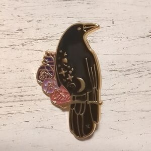 Black Bird on Branch Flowers Moon Stars Pin 1.5"